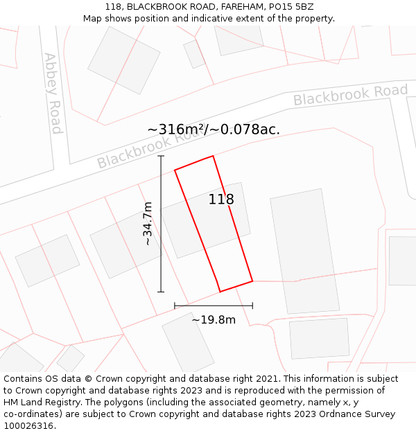 118, BLACKBROOK ROAD, FAREHAM, PO15 5BZ: Plot and title map