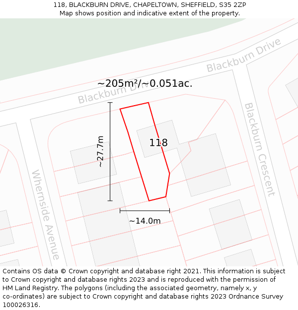 118, BLACKBURN DRIVE, CHAPELTOWN, SHEFFIELD, S35 2ZP: Plot and title map