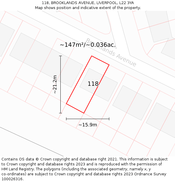 118, BROOKLANDS AVENUE, LIVERPOOL, L22 3YA: Plot and title map
