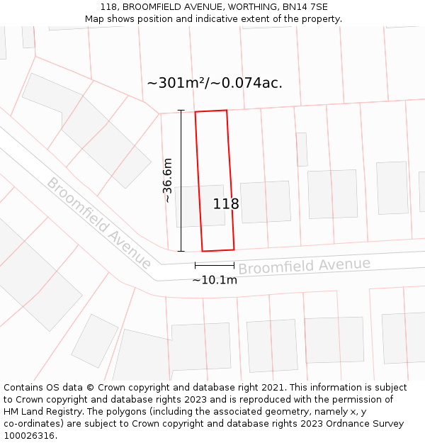 118, BROOMFIELD AVENUE, WORTHING, BN14 7SE: Plot and title map