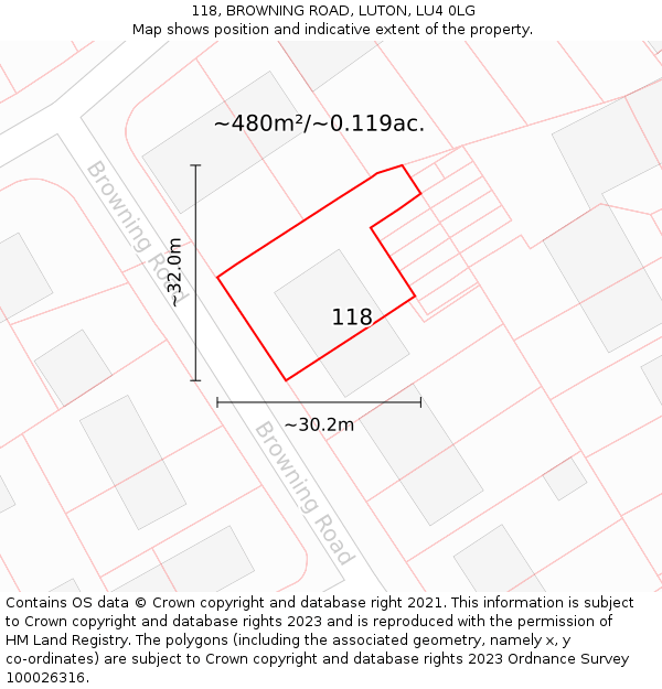 118, BROWNING ROAD, LUTON, LU4 0LG: Plot and title map