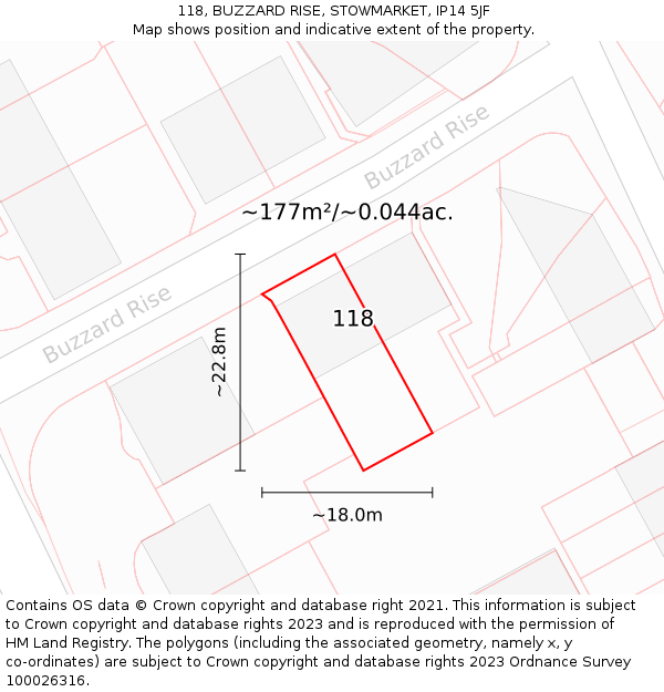 118, BUZZARD RISE, STOWMARKET, IP14 5JF: Plot and title map