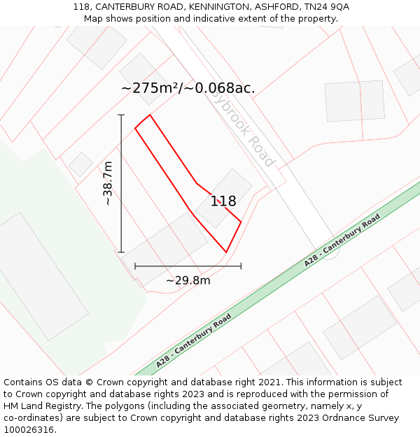 118, CANTERBURY ROAD, KENNINGTON, ASHFORD, TN24 9QA: Plot and title map