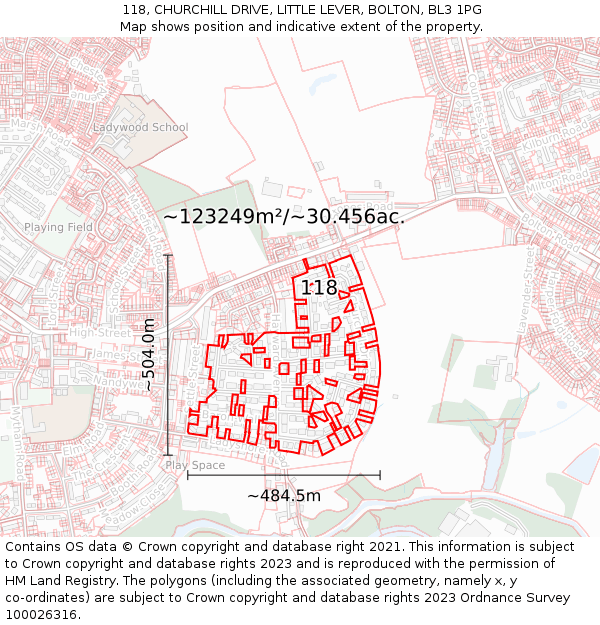 118, CHURCHILL DRIVE, LITTLE LEVER, BOLTON, BL3 1PG: Plot and title map