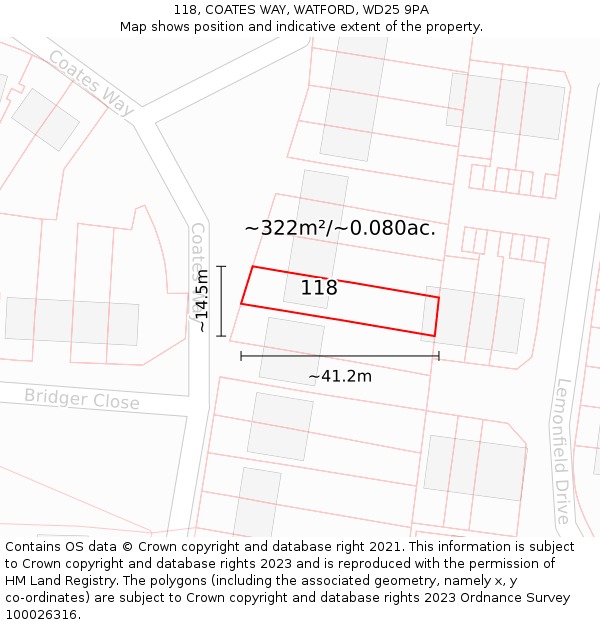 118, COATES WAY, WATFORD, WD25 9PA: Plot and title map