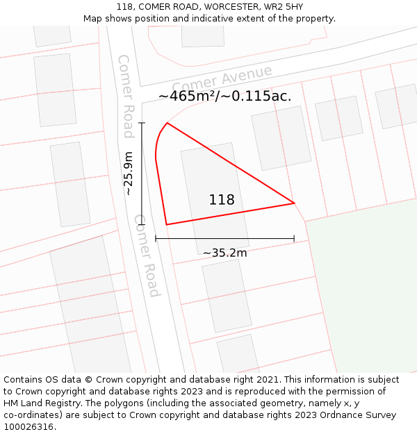 118, COMER ROAD, WORCESTER, WR2 5HY: Plot and title map