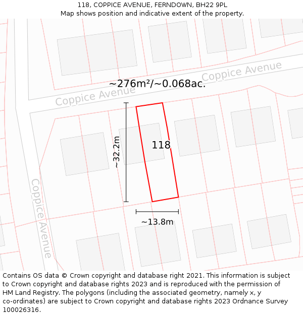 118, COPPICE AVENUE, FERNDOWN, BH22 9PL: Plot and title map