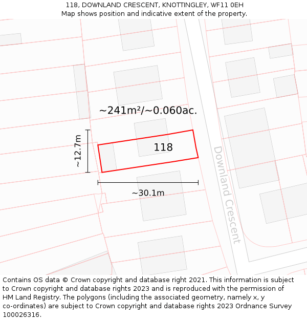 118, DOWNLAND CRESCENT, KNOTTINGLEY, WF11 0EH: Plot and title map