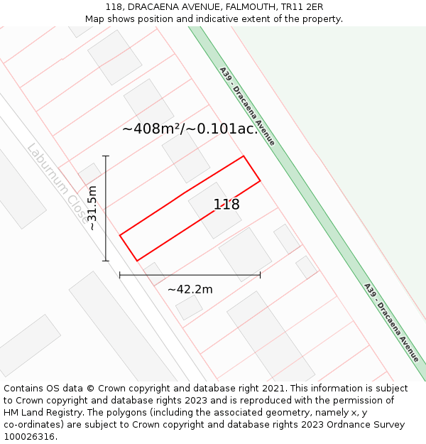 118, DRACAENA AVENUE, FALMOUTH, TR11 2ER: Plot and title map