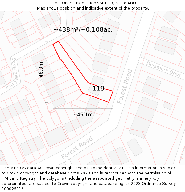 118, FOREST ROAD, MANSFIELD, NG18 4BU: Plot and title map