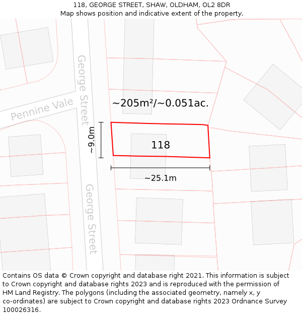 118, GEORGE STREET, SHAW, OLDHAM, OL2 8DR: Plot and title map