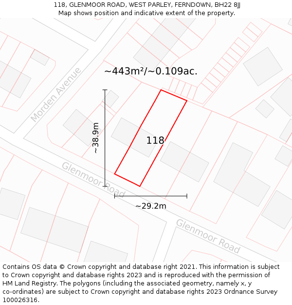 118, GLENMOOR ROAD, WEST PARLEY, FERNDOWN, BH22 8JJ: Plot and title map