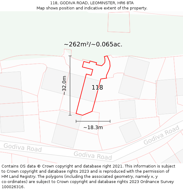 118, GODIVA ROAD, LEOMINSTER, HR6 8TA: Plot and title map