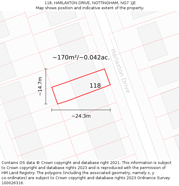 118, HARLAXTON DRIVE, NOTTINGHAM, NG7 1JE: Plot and title map