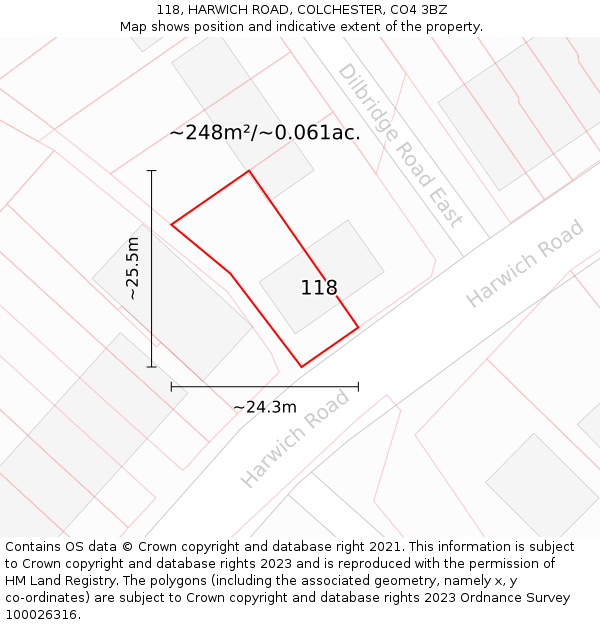 118, HARWICH ROAD, COLCHESTER, CO4 3BZ: Plot and title map