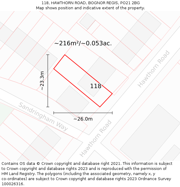 118, HAWTHORN ROAD, BOGNOR REGIS, PO21 2BG: Plot and title map