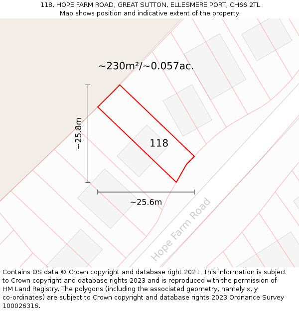 118, HOPE FARM ROAD, GREAT SUTTON, ELLESMERE PORT, CH66 2TL: Plot and title map