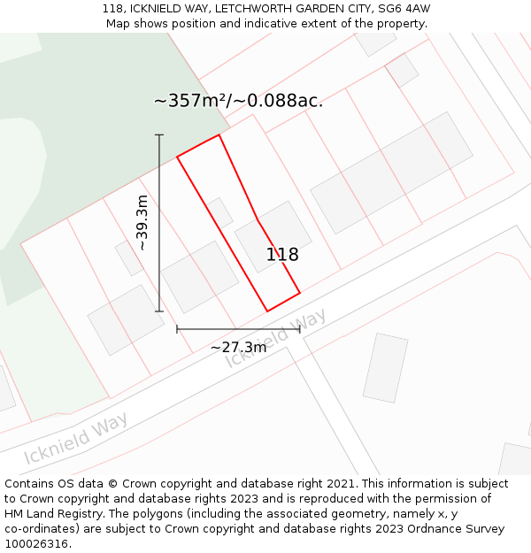 118, ICKNIELD WAY, LETCHWORTH GARDEN CITY, SG6 4AW: Plot and title map