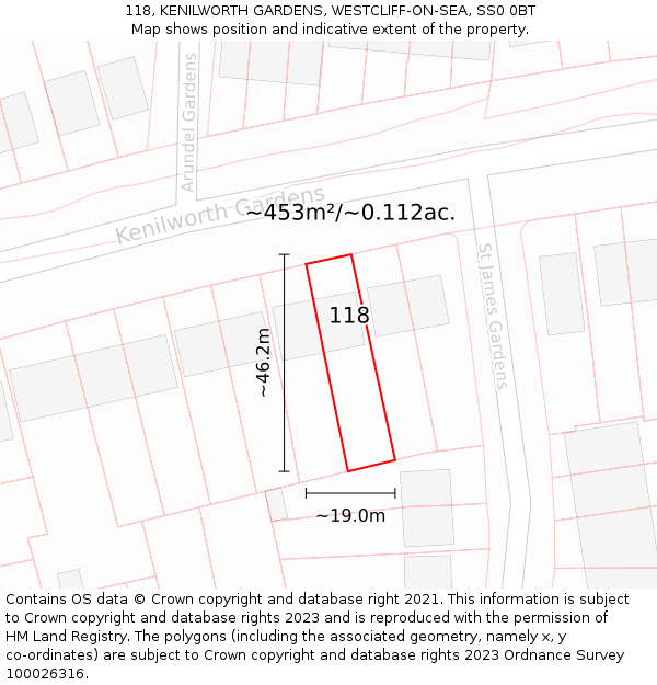 118, KENILWORTH GARDENS, WESTCLIFF-ON-SEA, SS0 0BT: Plot and title map