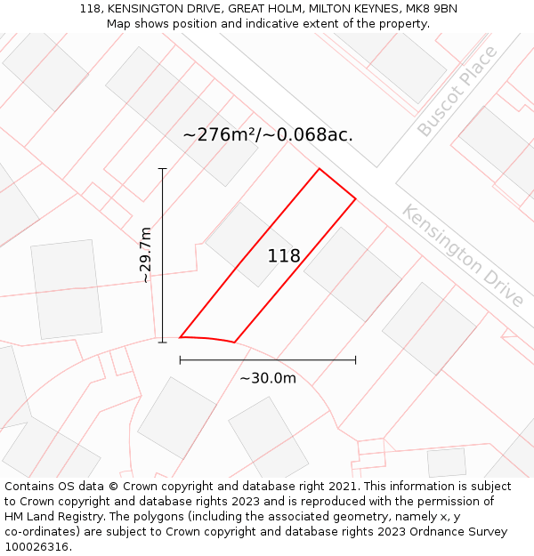 118, KENSINGTON DRIVE, GREAT HOLM, MILTON KEYNES, MK8 9BN: Plot and title map