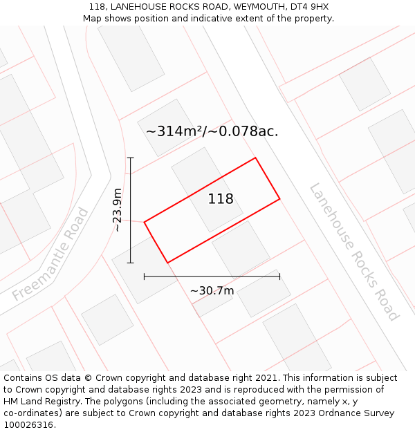 118, LANEHOUSE ROCKS ROAD, WEYMOUTH, DT4 9HX: Plot and title map