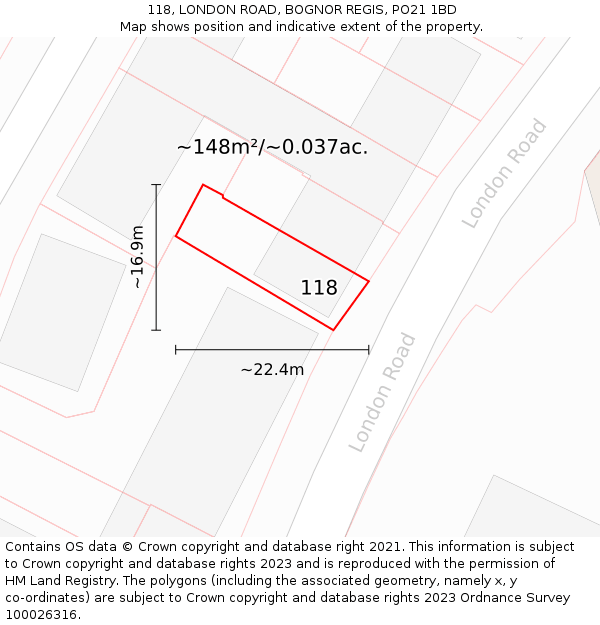 118, LONDON ROAD, BOGNOR REGIS, PO21 1BD: Plot and title map