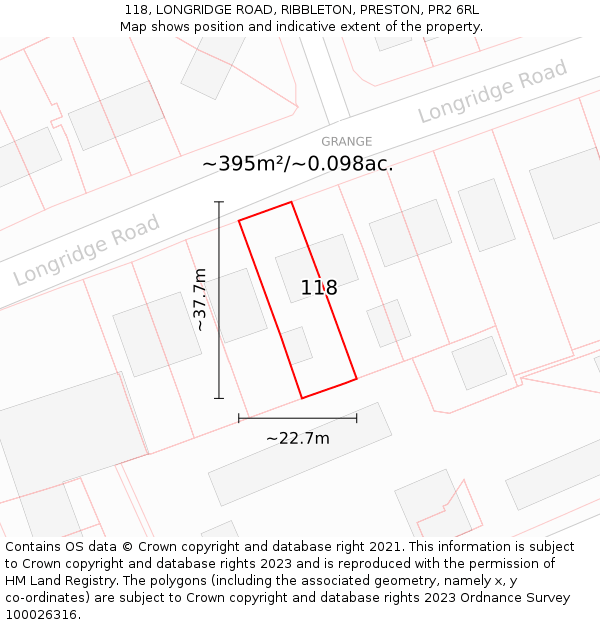 118, LONGRIDGE ROAD, RIBBLETON, PRESTON, PR2 6RL: Plot and title map