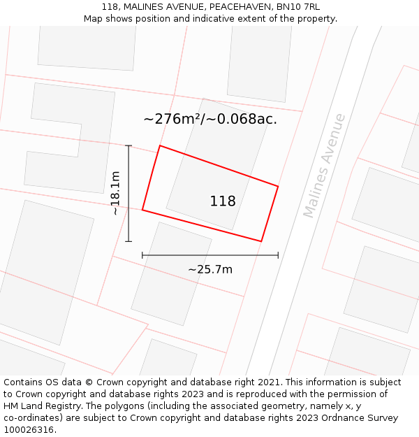 118, MALINES AVENUE, PEACEHAVEN, BN10 7RL: Plot and title map