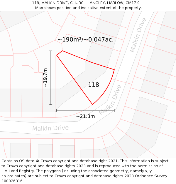 118, MALKIN DRIVE, CHURCH LANGLEY, HARLOW, CM17 9HL: Plot and title map