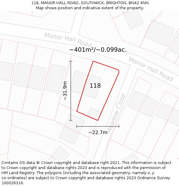 118, MANOR HALL ROAD, SOUTHWICK, BRIGHTON, BN42 4NN: Plot and title map