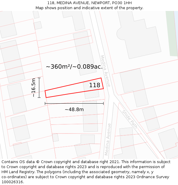 118, MEDINA AVENUE, NEWPORT, PO30 1HH: Plot and title map