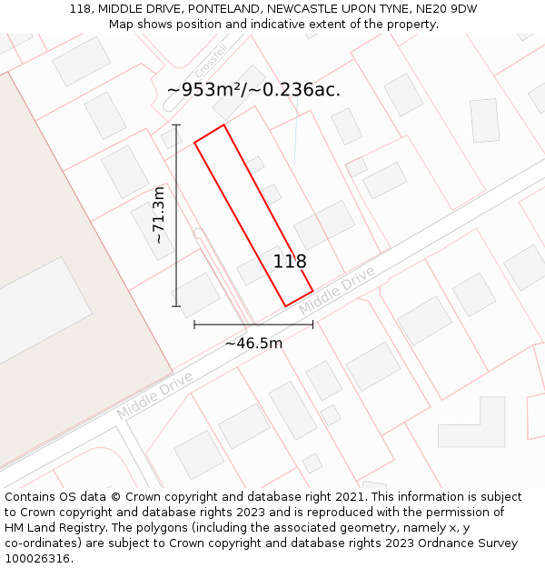 118, MIDDLE DRIVE, PONTELAND, NEWCASTLE UPON TYNE, NE20 9DW: Plot and title map