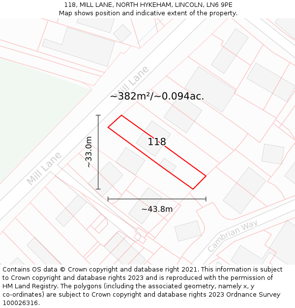 118, MILL LANE, NORTH HYKEHAM, LINCOLN, LN6 9PE: Plot and title map