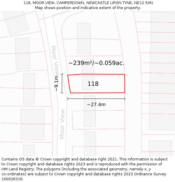 118, MOOR VIEW, CAMPERDOWN, NEWCASTLE UPON TYNE, NE12 5XN: Plot and title map