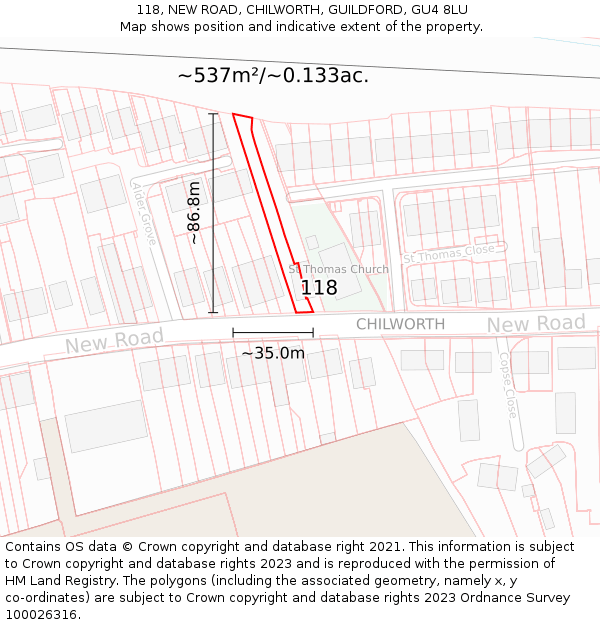 118, NEW ROAD, CHILWORTH, GUILDFORD, GU4 8LU: Plot and title map