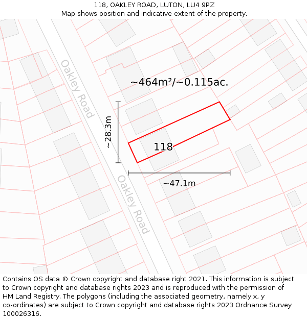 118, OAKLEY ROAD, LUTON, LU4 9PZ: Plot and title map