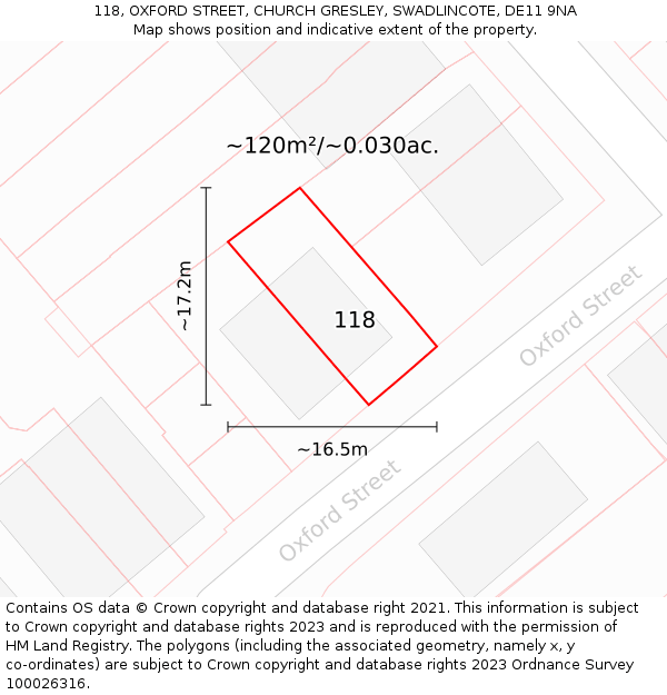 118, OXFORD STREET, CHURCH GRESLEY, SWADLINCOTE, DE11 9NA: Plot and title map