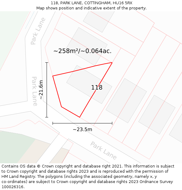 118, PARK LANE, COTTINGHAM, HU16 5RX: Plot and title map