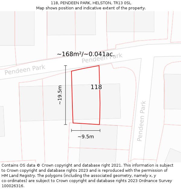 118, PENDEEN PARK, HELSTON, TR13 0SL: Plot and title map