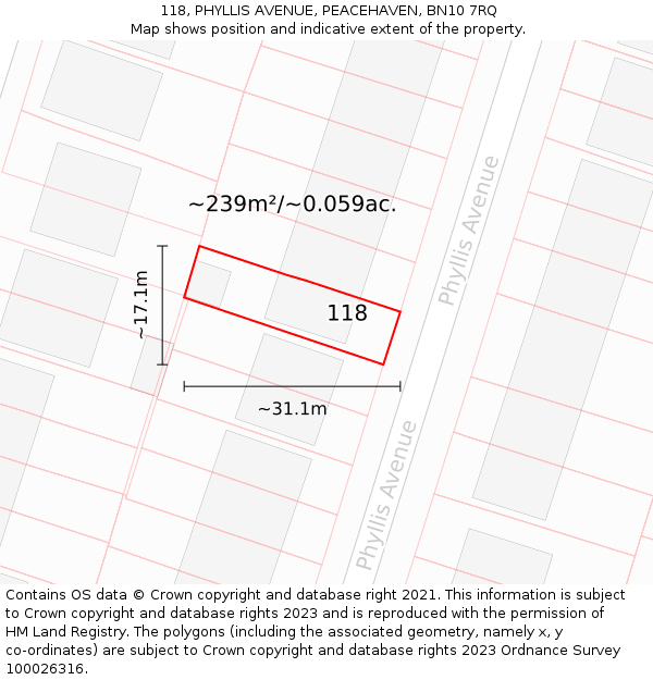 118, PHYLLIS AVENUE, PEACEHAVEN, BN10 7RQ: Plot and title map