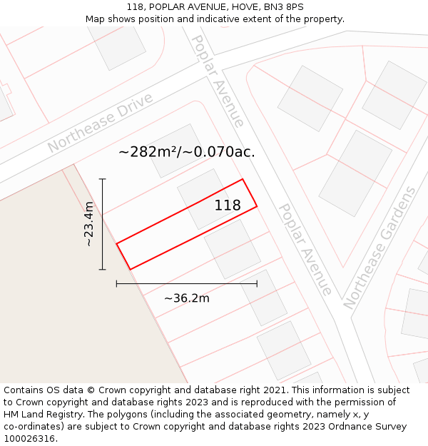 118, POPLAR AVENUE, HOVE, BN3 8PS: Plot and title map