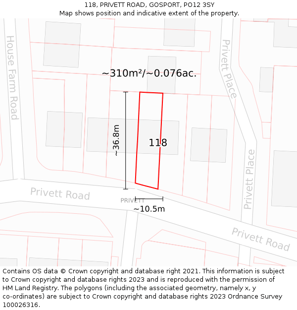 118, PRIVETT ROAD, GOSPORT, PO12 3SY: Plot and title map