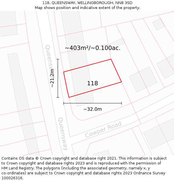 118, QUEENSWAY, WELLINGBOROUGH, NN8 3SD: Plot and title map