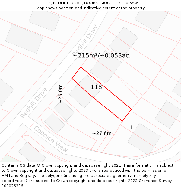 118, REDHILL DRIVE, BOURNEMOUTH, BH10 6AW: Plot and title map