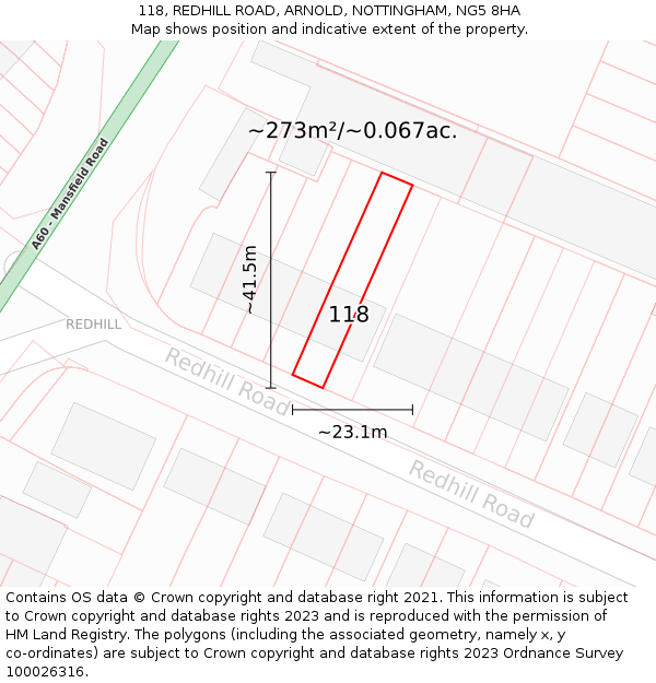 118, REDHILL ROAD, ARNOLD, NOTTINGHAM, NG5 8HA: Plot and title map