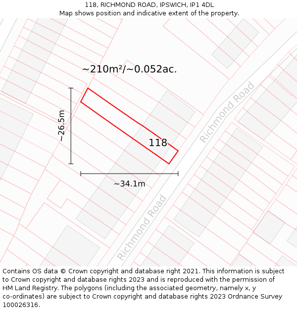 118, RICHMOND ROAD, IPSWICH, IP1 4DL: Plot and title map