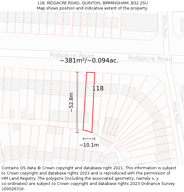 118, RIDGACRE ROAD, QUINTON, BIRMINGHAM, B32 2SU: Plot and title map