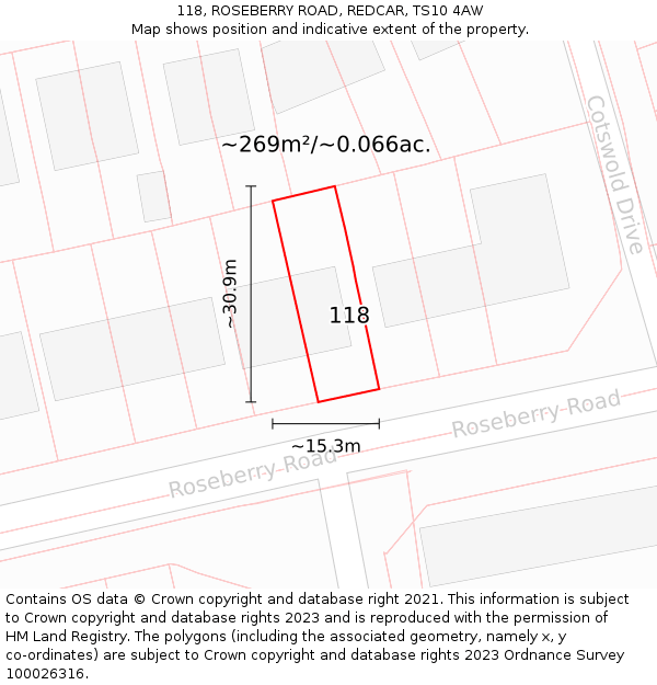 118, ROSEBERRY ROAD, REDCAR, TS10 4AW: Plot and title map