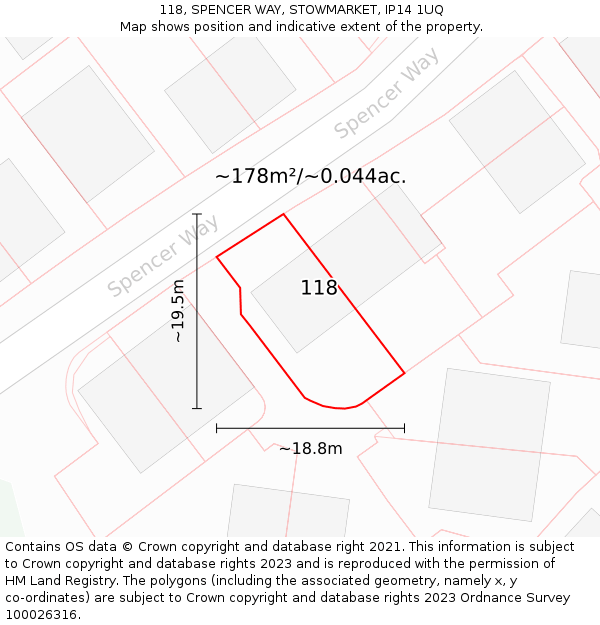 118, SPENCER WAY, STOWMARKET, IP14 1UQ: Plot and title map