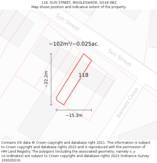 118, SUN STREET, BIGGLESWADE, SG18 0BZ: Plot and title map